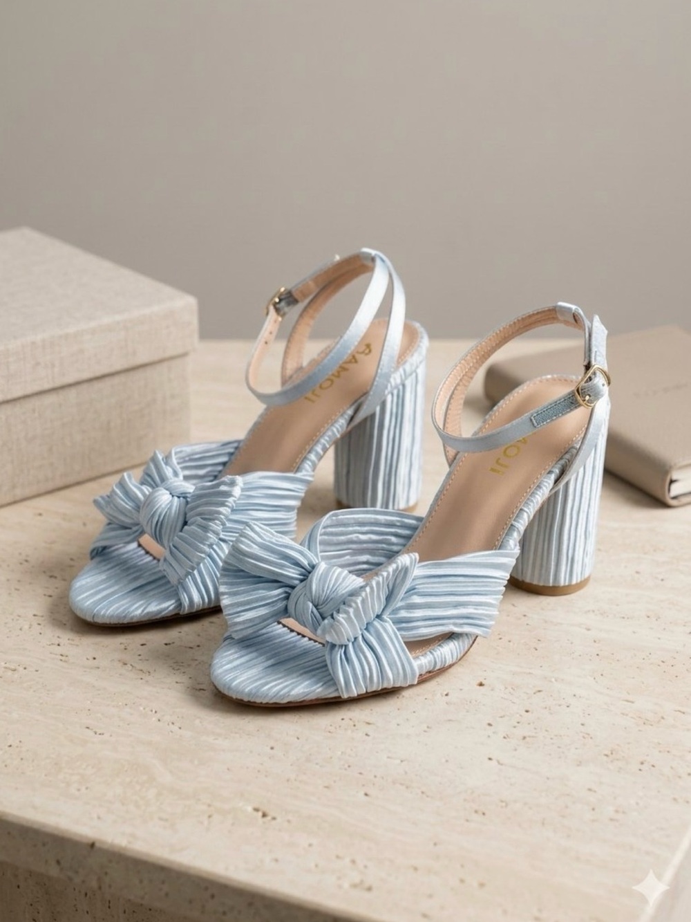 NIB - Amoji Powder Blue Pleated Bow Block Heels - Size 37.5 Euro